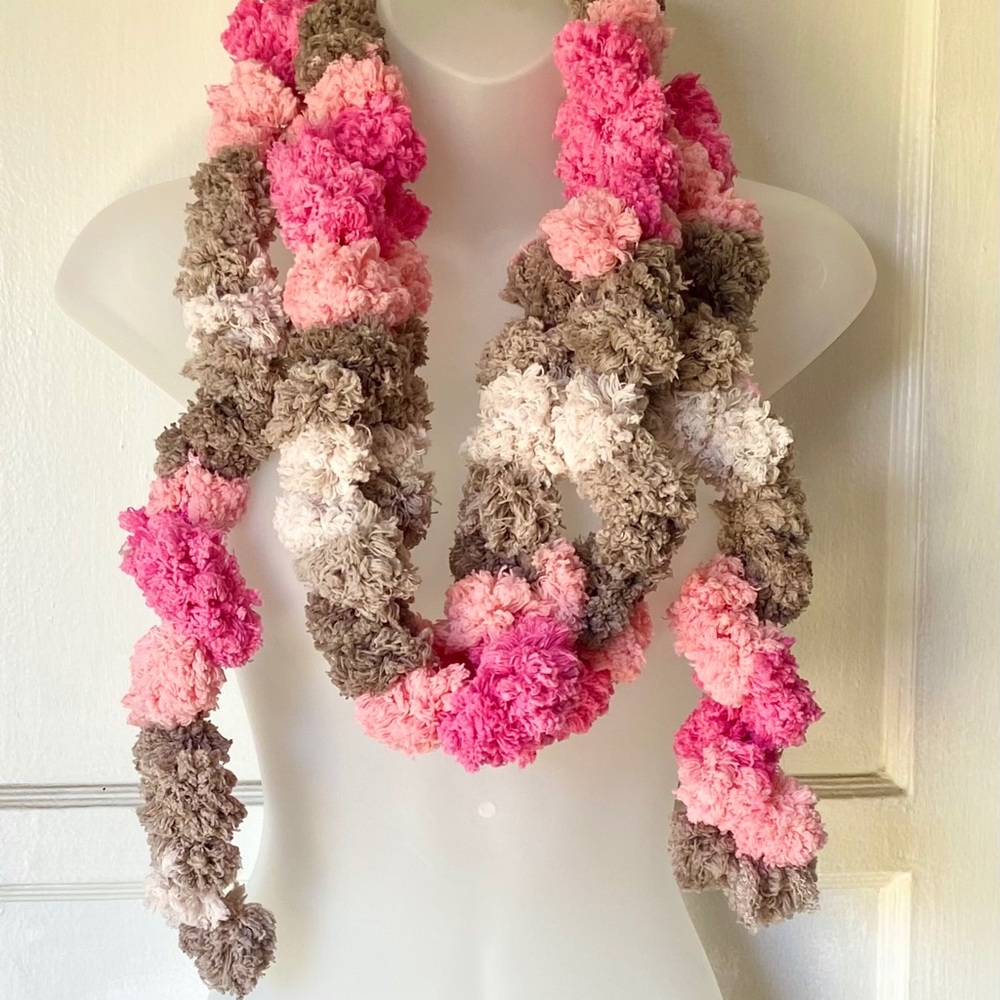 Handmade Crochet Pom Pom Scarf Peach Pink Gray Taupe Long Cozy Winter Accessory